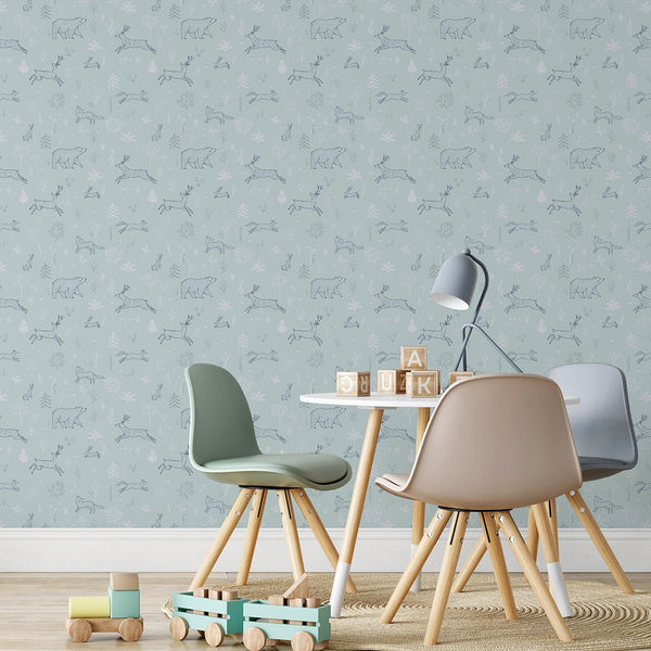 Mint Blue Forest Animals Wallpaper S038 - CostaCover - Peel and stick Removable Wallpaper - abstract forest - abstract wallpaper - accent wallpaper