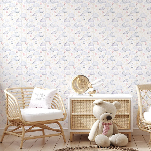 Clouds Moon & Hearts Wallpaper S125 - CostaCover-Peel and stick Removable Wallpaper-accent wallpaper-adhesive wallpaper-baby bedroom