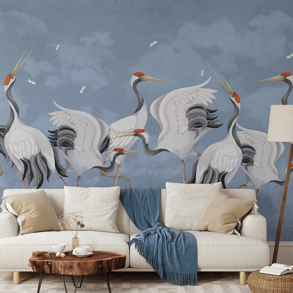 Blue Japanese Cranes Wall Mural WM111 - CostaCover - Peel and stick Removable Wallpaper - accent wallpaper - adhesive wallpaper - animal print