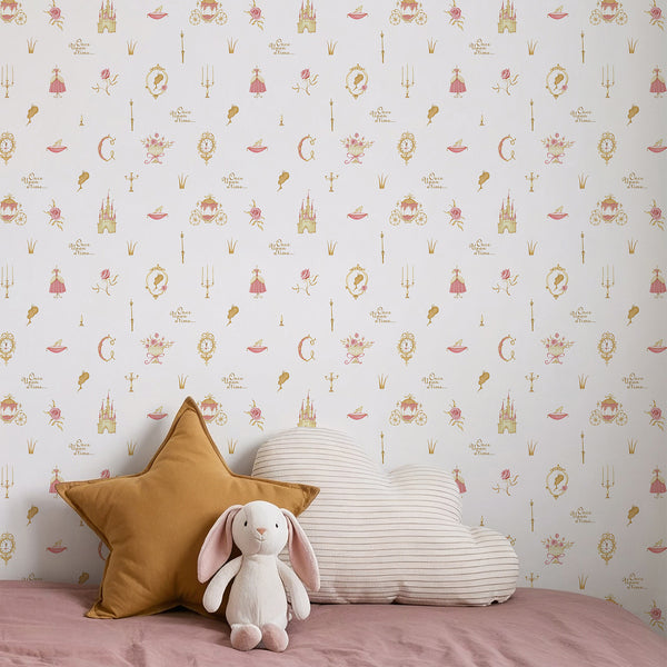 Whimsical kingdom wallpaper with small princess motifs, golden royal accessories, pink roses and an enchanted castle arranged in a repeating pattern.