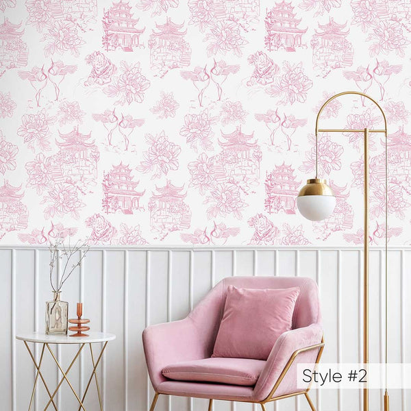 Chinoiserie Tiger Pagoda Wallpaper CC260 - CostaCover - Peel and stick Removable Wallpaper - accent wallpaper - adhesive wallpaper - adhesive wallpaper design