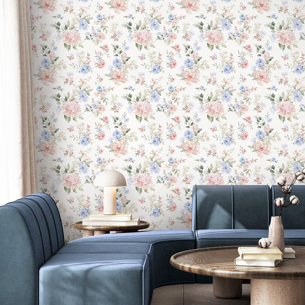 Pink Blue Flower Bouquet Wallpaper S059 - CostaCover - Peel and stick Removable Wallpaper - accent wallpaper - adhesive wallpaper - bathroom wallpaper