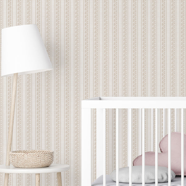 Farmhouse wallpaper with a neutral beige floral stripe design, delicate botanical illustration, and soft vintage charm for bedroom accent walls or nursery decor.