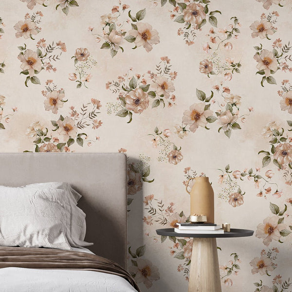 Beige Country Style Flowers Wallpaper S077 - CostaCover - Peel and stick Removable Wallpaper - abstract floral - abstract wallpaper - accent wallpaper