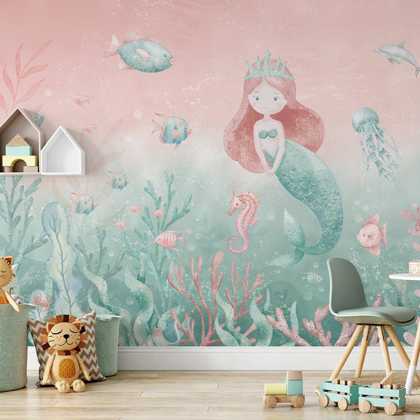 Pink Green Mermaid Wall Mural SM064 - CostaCover - Peel and stick Removable Wallpaper - accent wallpaper - adhesive wallpaper - ariel mermaid