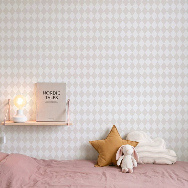 Pastel Beige Rhombus wallpaper featuring a regular grid of elongated rhombus shapes in muted tones, perfect for a nursery or hallway. The clean contours and soft edges create an elegant and modern feel. This wallpaper is made from high-quality, removable materials, providing an easy-to-apply solution for renters and designers.