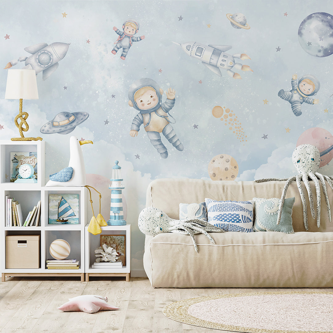 Light Blue Astronauts & Rockets Wall Mural SM097