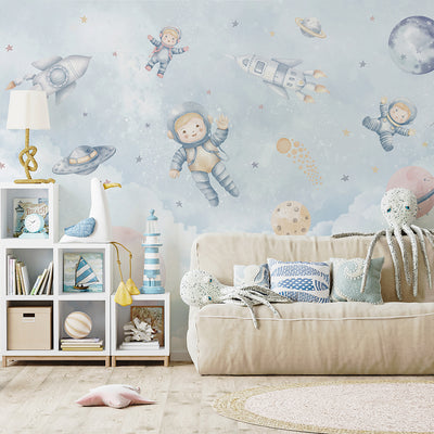 Light Blue Astronauts & Rockets Wall Mural SM097