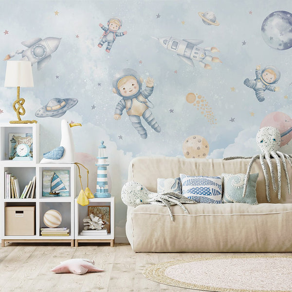 Light Blue Astronauts & Rockets Wall Mural SM097 - CostaCover - Peel and stick Removable Wallpaper - accent wallpaper - adhesive wallpaper - baby bedroom