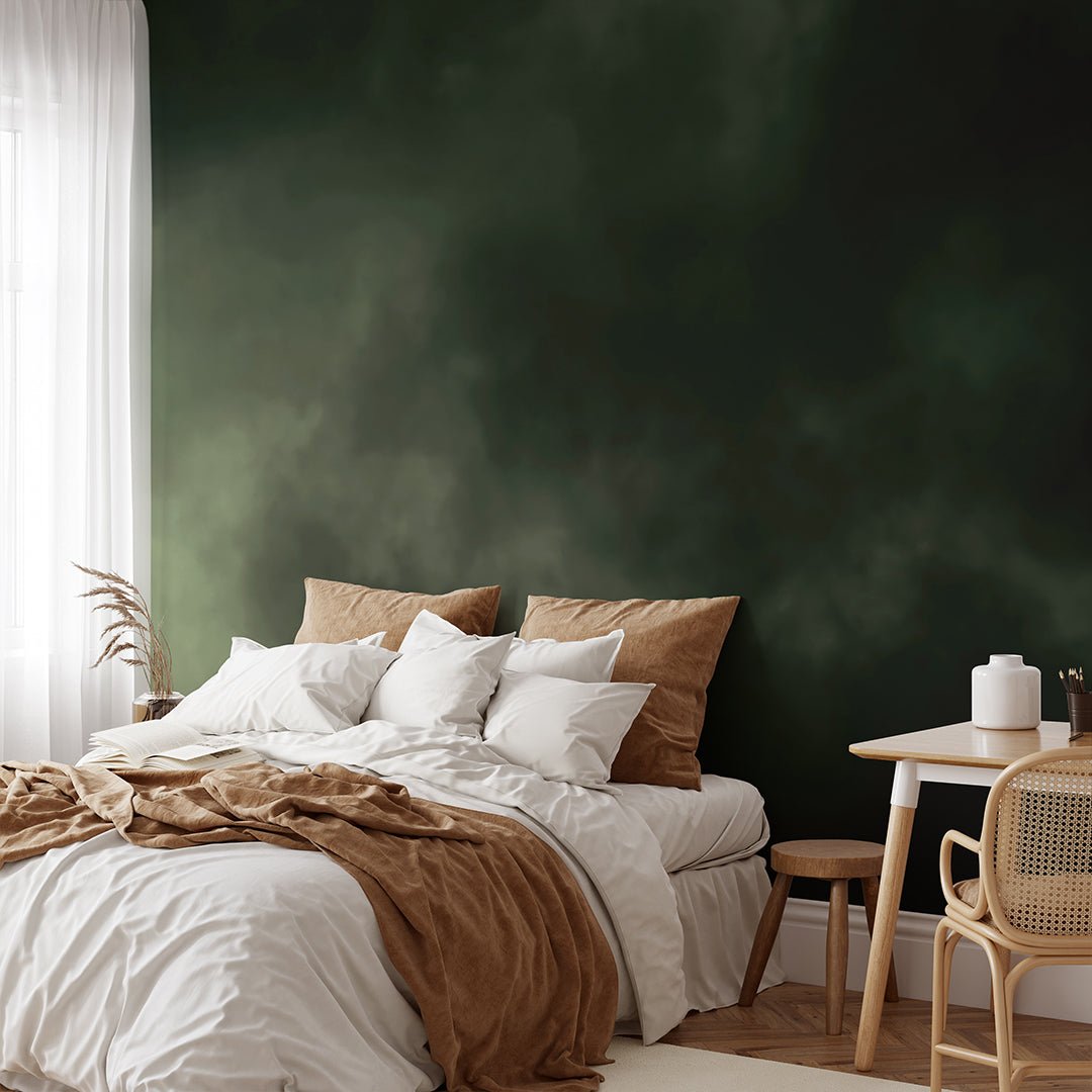 Dark Green Watercolor Wall Mural with moody abstract design