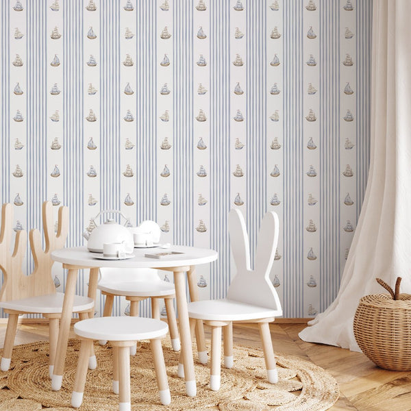 Blue Stripes & Sailboats Wallpaper A069 - CostaCover-Peel and stick Removable Wallpaper-abstract wall art-abstract wallpaper-accent wallpaper