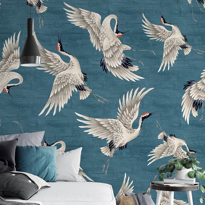 Flying Blue Japanese Cranes Wall Mural WM116