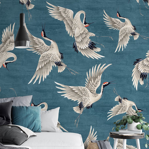 Flying Blue Japanese Cranes Wall Mural WM116 - CostaCover - Peel and stick Removable Wallpaper - accent wallpaper - adhesive wallpaper - aqua blue