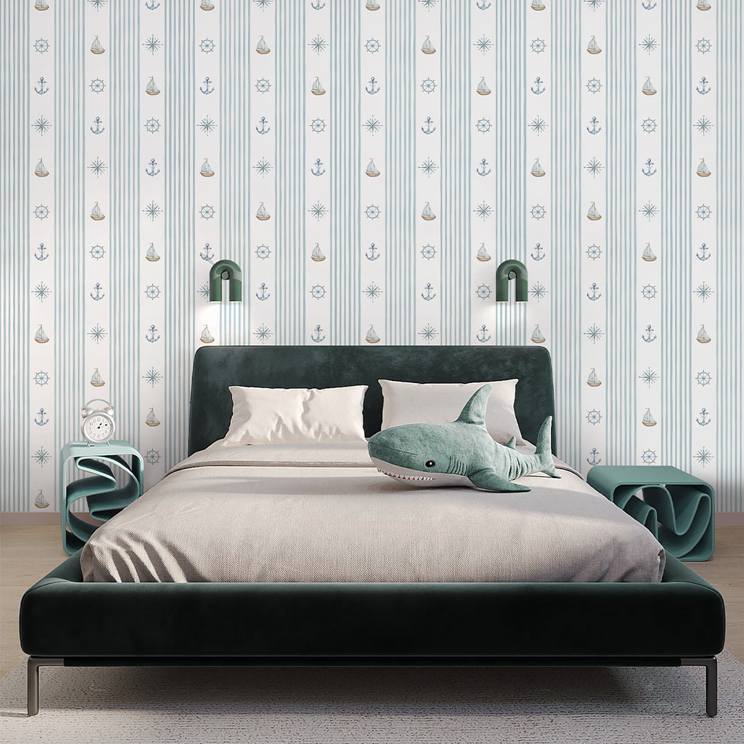 Turquoise Stripe & Sailboat Wallpaper A070