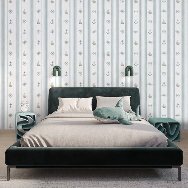 Turquoise Stripe & Sailboat Wallpaper A070 - CostaCover-Peel and stick Removable Wallpaper-abstract wall art-abstract wallpaper-accent wallpaper