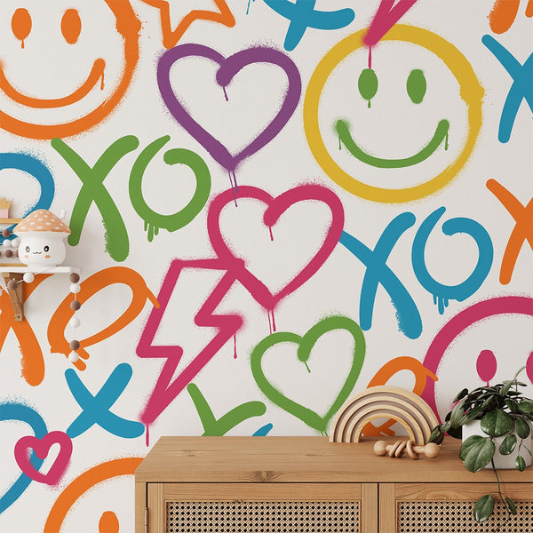 Colorful Smile Graffiti Wallpaper W171 - CostaCover-Peel and stick Removable Wallpaper-abstract wallpaper-accent wallpaper-adhesive wallpaper