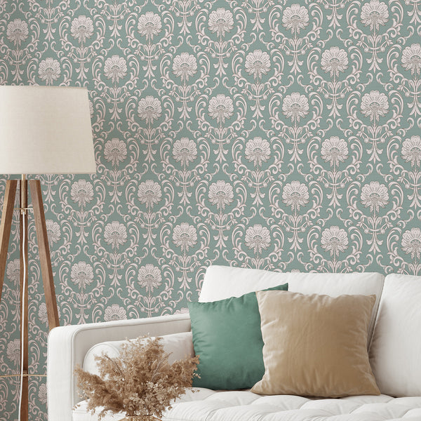Timeless floral damask wallpaper with seafoam and cream motifs, ideal for enhancing elegance in dining rooms or vintage-inspired spaces.