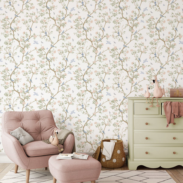 Airy Blossom Tree wallpaper featuring tall branches and delicate blooms for a calm bedroom or nursery. The temporary wallpaper's eco-friendly, self-adhesive nature makes it ideal for decorators seeking a tranquil botanical accent.