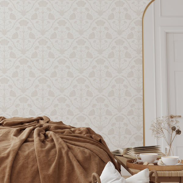 Repeating floral pattern with tulip-like blooms and radiating leaves, providing a calm and orderly backdrop for cozy spaces.