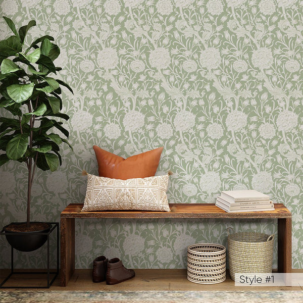 Green Beige Wild Tulip by Morris Wallpaper W111 - CostaCover - Peel and stick Removable Wallpaper - abstract floral - abstract wallpaper - accent wallpaper