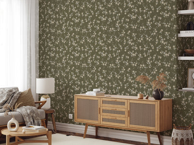 Olive Green Mini Floral Wallpaper W149