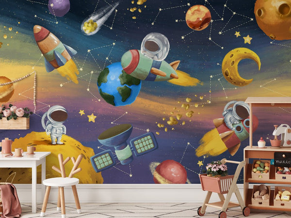 Colorful Bright Space Wall Mural WM074 - CostaCover - Peel and stick Removable Wallpaper - accent wallpaper - adhesive wallpaper - Aqua blue wallpaper