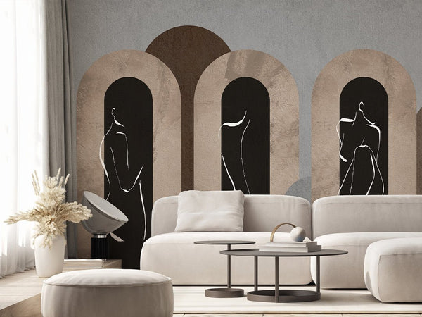 Beige Gray Arches & Girl Lines Wall Mural AM061 - CostaCover - Peel and stick Removable Wallpaper - Abstract - abstract arches - abstract lines