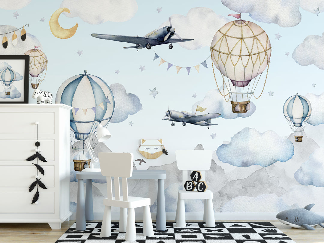 Hot Air Balloons, Airplanes in Blue Sky Wall Mural WM064