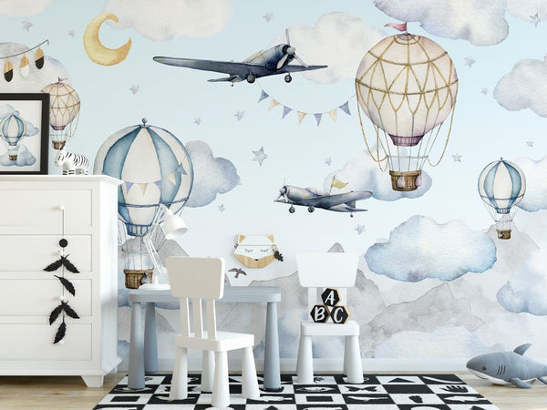 Air Balloons & Airplanes Wall Mural WM064 - CostaCover - Peel and stick Removable Wallpaper - accent wallpaper - adhesive wallpaper - air balloon