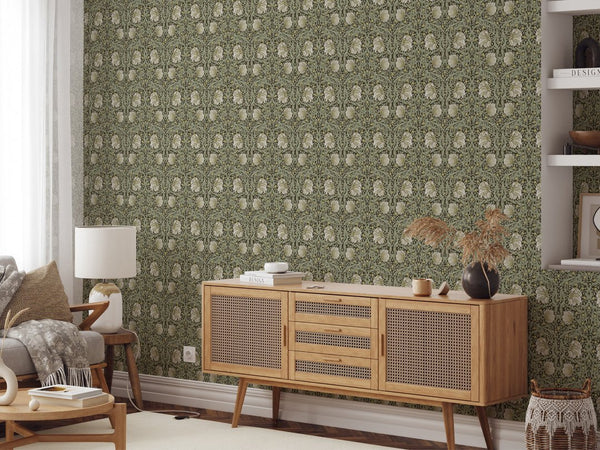 English cottage style wallpaper with pimpernel blooms, ideal for renters seeking removable peel and stick options.