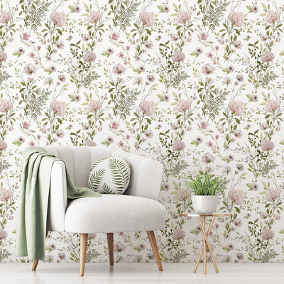 Pink Green Field Plants Self Adhesive Wallpaper W064