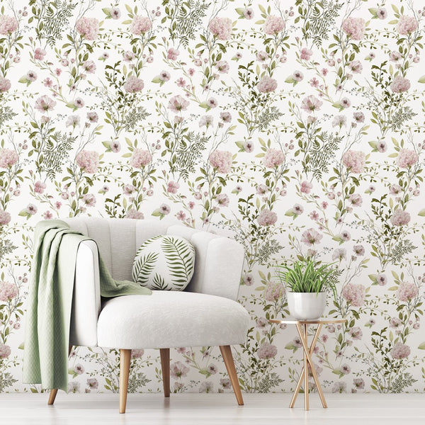 Pink Green Field Plants Wallpaper W064 - CostaCover - Peel and stick Removable Wallpaper - accent wallpaper - adhesive wallpaper - adhesive wallpaper design
