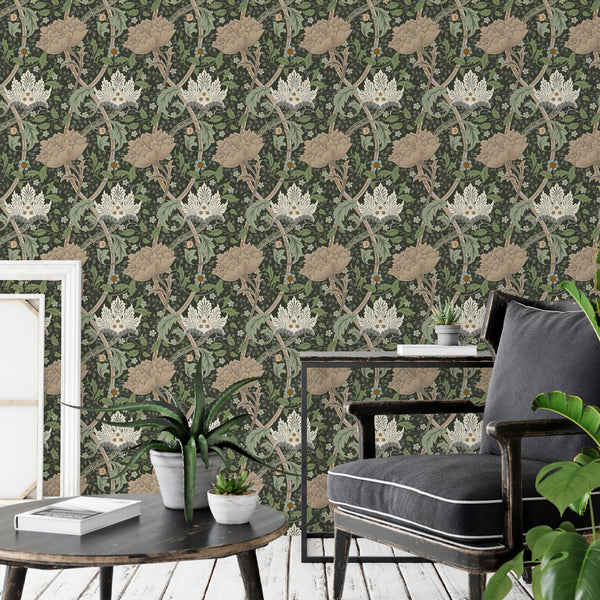 Green & Beige Windrush wallpaper by Morris showcases a botanical lattice with beige and pale sage floral elements, set against a contrasting deep green ground. Perfect for a graphic floral backdrop in studies or entrance halls, it combines traditional design with modern appeal.