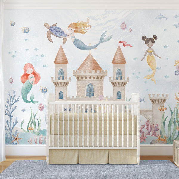 Mermaids and Castle Wall Mural SM065 - CostaCover - Peel and stick Removable Wallpaper - accent wallpaper - adhesive wallpaper - ariel mermaid