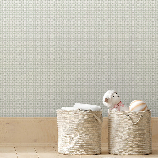 Sage green and white wallpaper with a timeless geometric lattice pattern and subtle texture for a stylish bedroom or living room accent wall.
