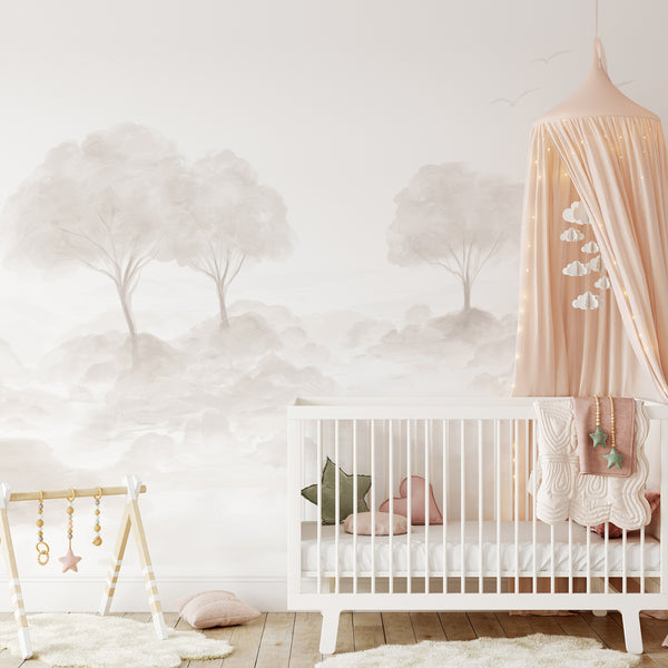 Soft watercolor tree wall mural in beige, taupe and warm neutral tones with airy foliage and distant birds for a modern nature inspired interior.