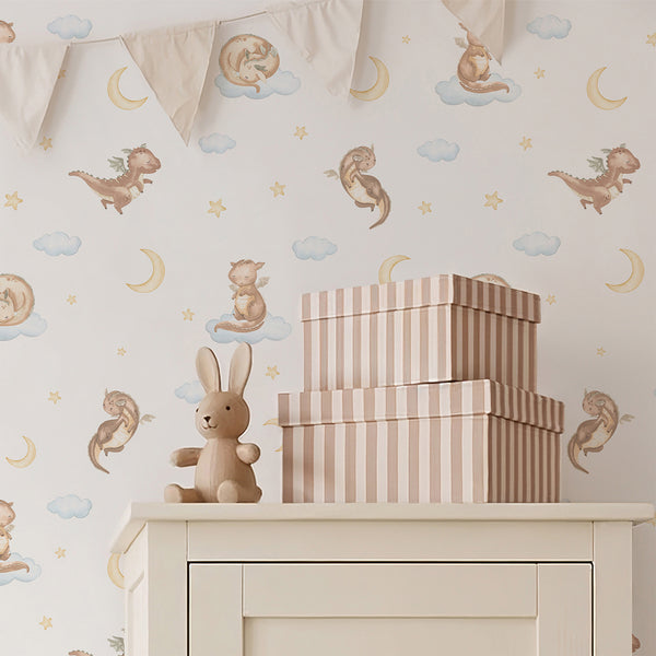 Pastel kids wallpaper with a cute beige dragon, dreamy light blue clouds and golden stars in a soft watercolor style for a magical nursery.