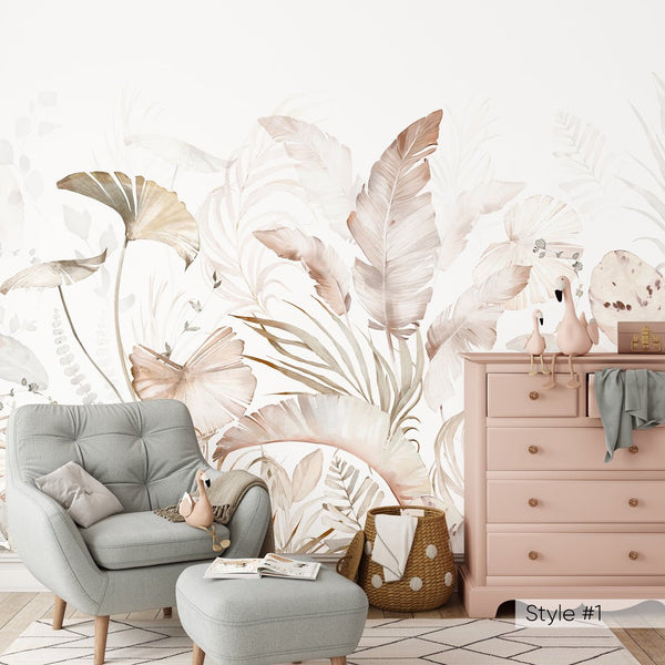 Tropical Pastel Palm Leaves Wall Mural WM017 - CostaCover - Peel and stick Removable Wallpaper - baby bedroom - bedroom interior - bedroom wallpaper