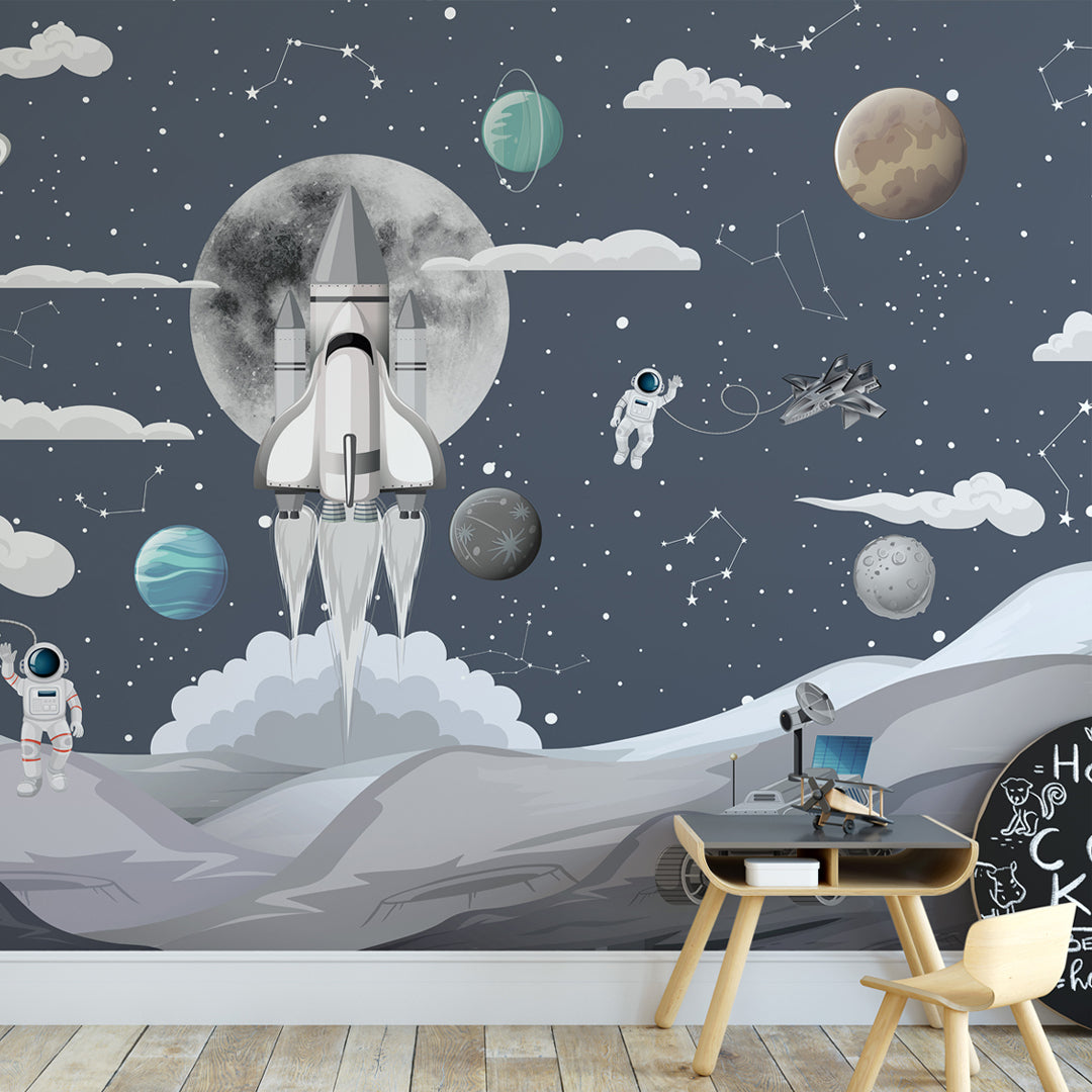 Grey Space & Star Ship Self Adhesive Wall Mural WM063