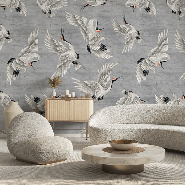 Flying Gray Japanese Cranes Wall Mural WM114 - CostaCover - Peel and stick Removable Wallpaper - accent wallpaper - adhesive wallpaper - bathroom wallpaper