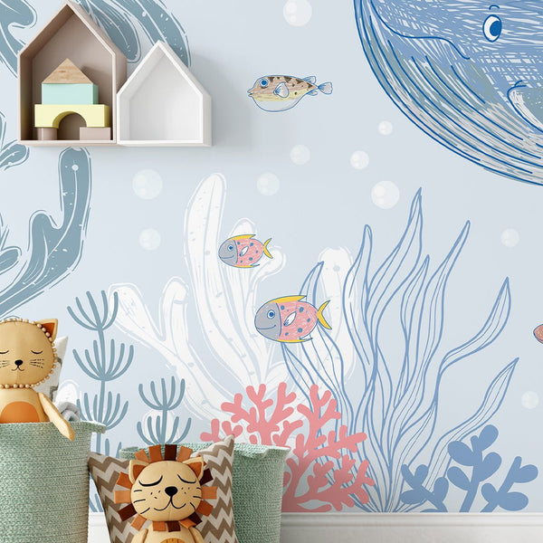 Blue Pink Drawing Whale Wall Mural SM056 - CostaCover - Peel and stick Removable Wallpaper - abstract wall art - accent wallpaper - adhesive wallpaper