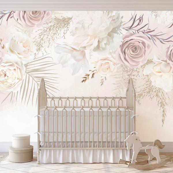 Nude Pink Floral Wall Mural WM009 - CostaCover - Peel and stick Removable Wallpaper - baby bedroom - bathroom wallpaper - bedroom interior