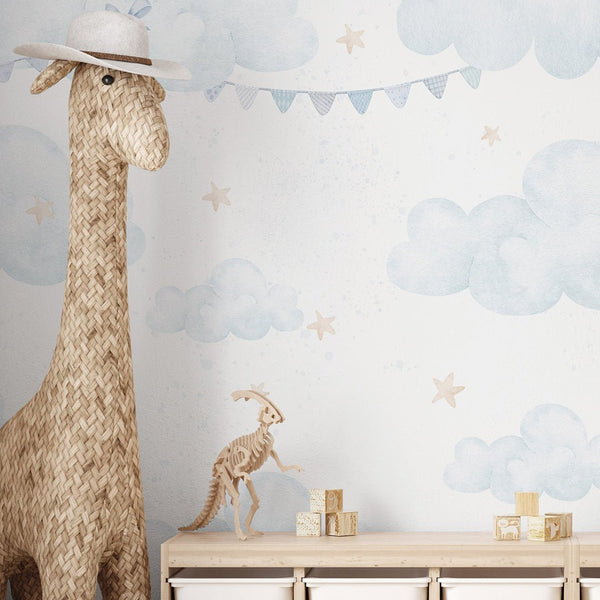 Blue Clouds Moon & Bunting Wall Mural SM071 - CostaCover - Peel and stick Removable Wallpaper - Abstract - abstract wall art - abstract wallpaper