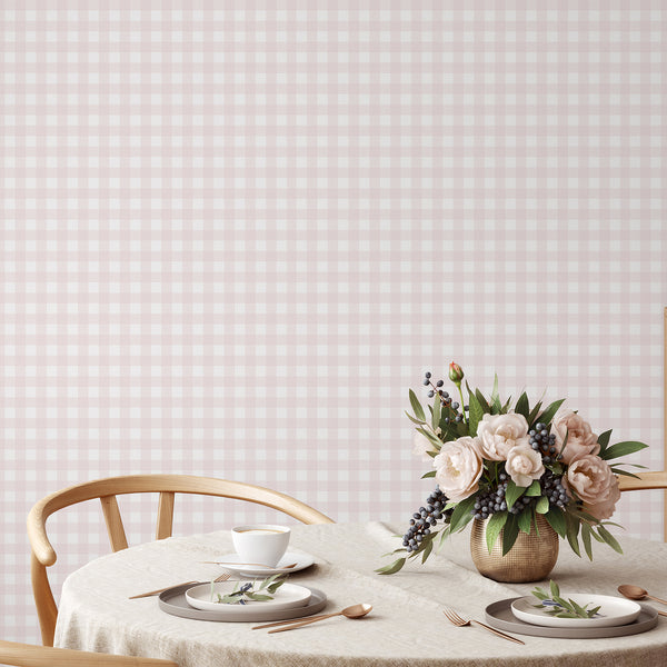 Soft pink gingham wallpaper featuring a structured plaid grid and subtle striped details for a charming kids room or feminine bedroom.