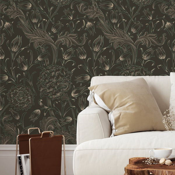 Brown Wild Tulip by Morris Wallpaper W112 - CostaCover - Peel and stick Removable Wallpaper - abstract floral - abstract lines - abstract wall art