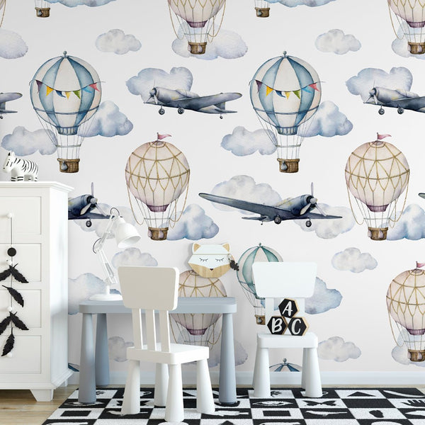 Blue Airplanes & Air Balloons Wallpaper W071 - CostaCover - Peel and stick Removable Wallpaper - abstract wallpaper - accent wallpaper - adhesive wallpaper
