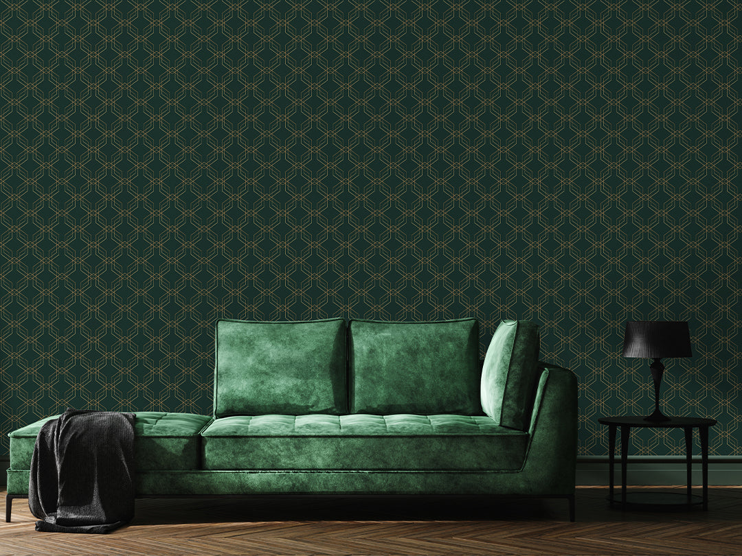 Dark Green Gold Effect Art Deco Wallpaper CC325