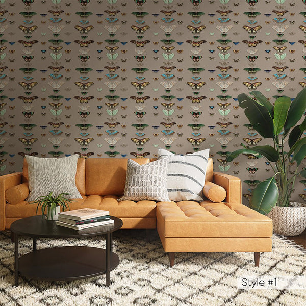 Beige Green Retro Butterflies Wallpaper W159 - CostaCover - Peel and stick Removable Wallpaper - accent wallpaper - adhesive wallpaper - bathroom wallpaper