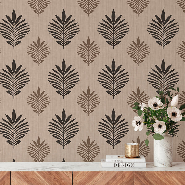 Beige Black Leaf Wallpaper L026