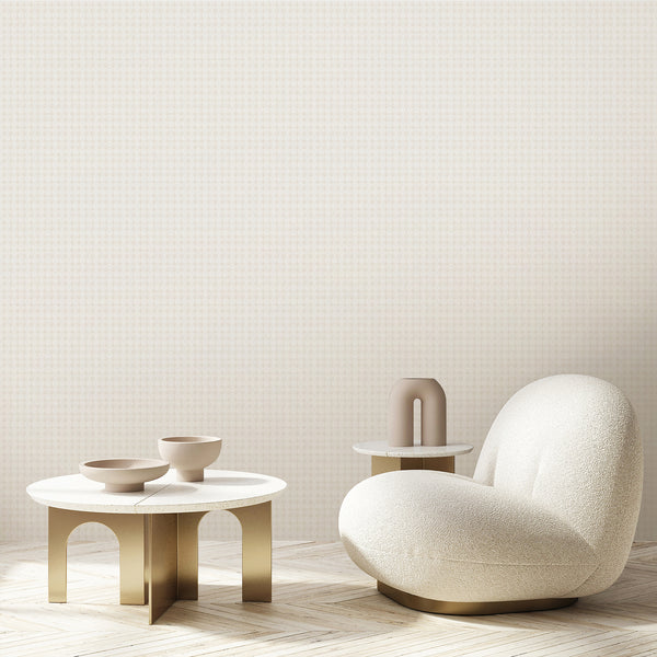 Soft neutral wallpaper with beige damask floral motifs and a lightly weathered texture, perfect for an elegant bedroom, entryway or living room accent wall.